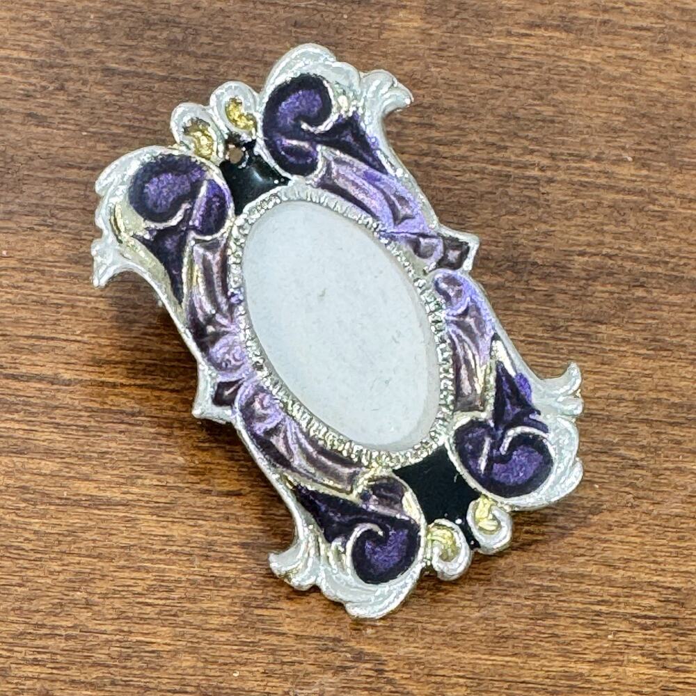 Vintage Purple Photo Frame Brooch 2" Ornate Silver-Tone Jewelry Pin